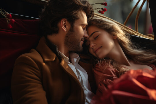 Verliebtes Paar machen eine romantsiche Kutschfahrt bei Nacht