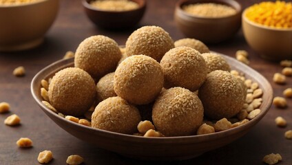 Close-up of Til Laddoo- a signature sweet food of Makar Sankranti, made with sesame seeds and...