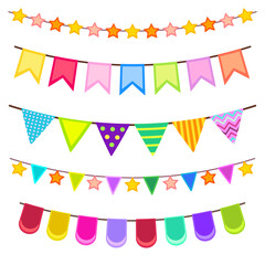 Set of party garlands. Colorful stars, flags, triangles with simple patterns. Suit for cards. banner, poster. White isolated background. Celebration. 