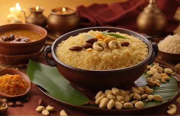 Closeup of Sakkarai Pongal- special food of Makar Sankranti filling with moong dal and jaggery