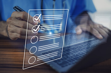Doctor  tick correct sign mark in checkbox for patient quality control checklist.