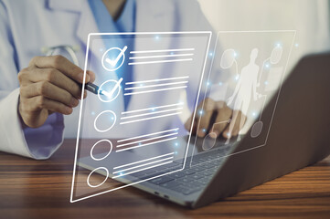 Doctor  tick correct sign mark in checkbox for patient quality control checklist.