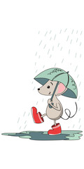 Funny mouse in the rain with an umbrella and rubber boots. A cartoon mouse with an umbrella that walks through puddles in bad weather and rain.