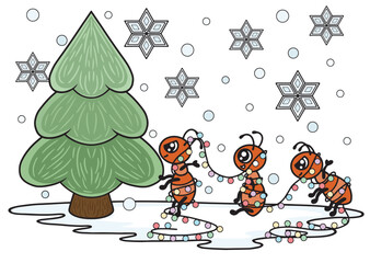 Ants with Christmas tree and lights. Winter vector art.