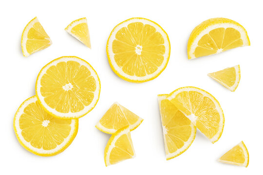 Ripe lemon slices isolated on white background with full depth of field. Top view. Flat lay