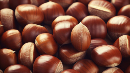 Fototapeta premium Background of a large number of chestnuts. Texture of chestnuts for design. Top view. Close-up.
