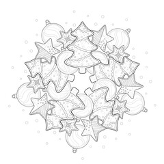 Christmas mandala from cookies (fir tree, stars with glaze patterns), balls and snow. Illustration on a whtie isolated background. For coloring book pages.