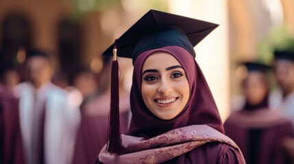 Beautiful female student in national clothes and cap at the graduation ceremony.