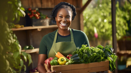 Female farmer holds a wooden box of fresh vegetables