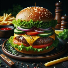 Delicious Juicy Unhealthy Fried Hamburger Beef Burger Cheeseburger Lunch Snack design.Tasty Grilled Homemade Cheese Sandwich.Fresh Classic Lettuce Tomato Onion Bun Fries Meal slice Fast food.