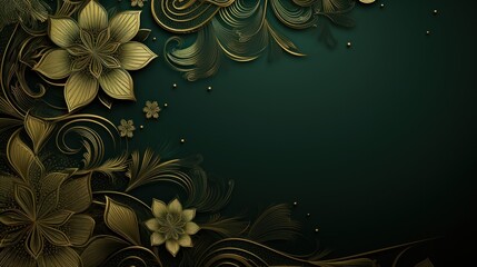 golden ornament in the form of flowers on a black background with space for text or greetings.