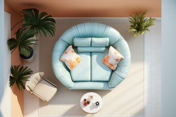 Interior image with blue cozy sofa and indoor plants top view.