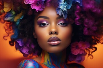 Creative close-up portrait of an African American woman with makeup and floral hairstyle.