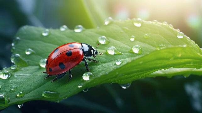 Ladybug crawling on a leaf with dew. copy space