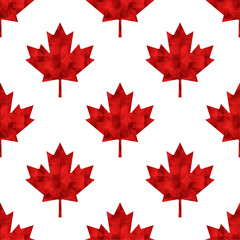 Canadian vector seamless pattern. Red polygonal maple leaves on white background.