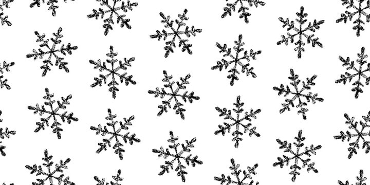 Winter's Seamless Pattern of Hand-Drawn Black Snowflakes on White Background. Style of Children's Drawing.