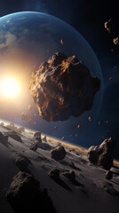 Generative AI illustrations, Planet Earth and big asteroids in the space. Asteroid in outer space near Earth planet.