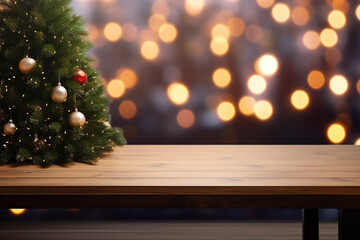 Fototapeta na wymiar Festive Table Setting with Blurry Christmas Tree Background