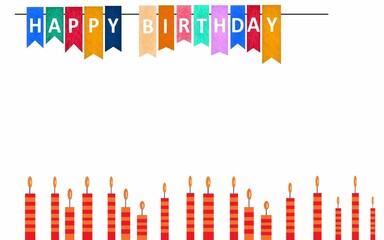 Happy birthday graphic banner card. White background, colorful papers with letters. Copy space for more placement of text.