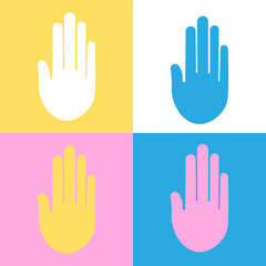 Hand sign illustration. Vector. White icon on four color backgrounds.
