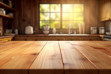 Fototapeta na wymiar Empty wooden table for product presentation in a kitchen setting