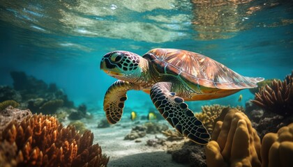 Fototapeta premium A Majestic Green Sea Turtle Swimming Through a Colorful Coral Reef
