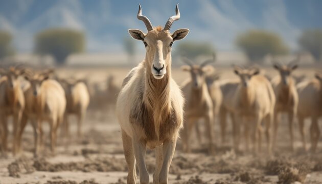 Herd of Saiga Antelopes Standing on a Dirt Field