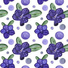 Captivate with the exquisite allure of Vanda orchids in lush watercolors. Rich purples and vibrant greens converge, showcasing the intricate textures of these blooms. 