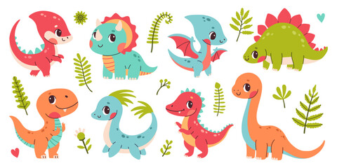 Cute dinosaur set. Clipart set of cute colored dinosaurs. Trex, diplodocus, triceratops, pterodactel in cartoon style. © spirka.art