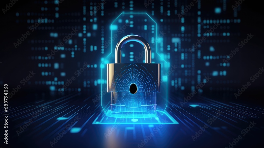 Poster digital padlock for computing system on dark blue background