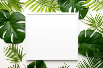 Top view blank white picture frame surrounded by palm tree and monstera leaves