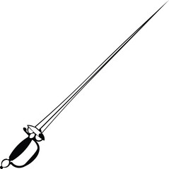 Cartoon Black and White Isolated Illustration Vector Of A Rapier Sword
