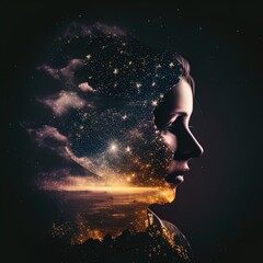 Double exposure surreal image of face and universe. Great for stories on dreams, imagination, intelligence, religion, philosophy and more. 