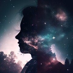 Double exposure surreal image of face and universe. Great for stories on dreams, imagination, intelligence, religion, philosophy and more. 