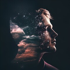 Double exposure surreal image of face and universe. Great for stories on dreams, imagination, intelligence, religion, philosophy and more.  - obrazy, fototapety, plakaty
