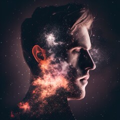 Double exposure surreal image of face and universe. Great for stories on dreams, imagination, intelligence, religion, philosophy and more. 