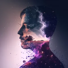 Fotobehang Double exposure surreal image of face and universe. Great for stories on dreams, imagination, intelligence, religion, philosophy and more.  © Virtual Actors
