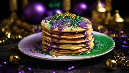 A stack of pancakes decorated in Mardi Gras style with green, gold, and purple sugar sprinkles, set against a backdrop of decorations and gold beads. - obrazy, fototapety, plakaty