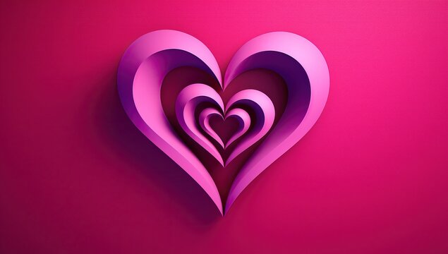 A three-dimensional papercraft heart image with multi-layered pink and purple tones on a bright background. Valentine day