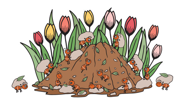 Ants with rocks, working, anthill with tulips, spring work time. Cute cartoon character vector art.