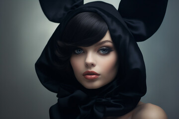 Beauty, fashion, style and make-up concept. Beautiful young woman with bunny ears studio portrait looking at camera. Minimalist style