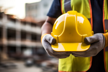 A worker holding a safety helmet at a building/construction work or civil engineering work site. Concept for safety measures in work, factory, construction, and disaster prevention.