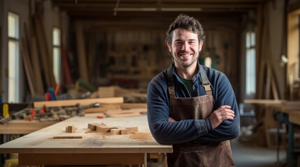 Portrait of a skilled carpenter smiling in a workshop, with woodworking tools in the background - obrazy, fototapety, plakaty