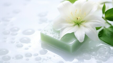 Green matte natural soap with white lily flower on wet white glossy surface with water drops, close-up, selective focus.