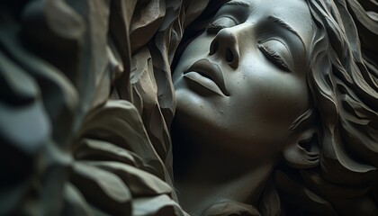 A Serene Statue of a Woman with Closed Eyes - obrazy, fototapety, plakaty