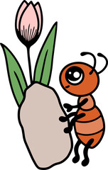 Ant with tulips, spring work time. Cute cartoon character