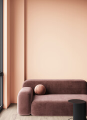 Peach fuzz is a trend color of the year 2024 luxury living room. Painted mockup wall for art - peach pastel colour. Mockup modern room design interior home. Accent premium lounge office. 3d render