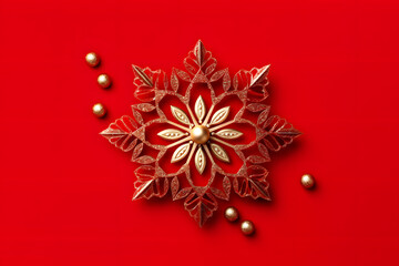 christmas snowflake on red, Minimalistic Christmas decor flat lay, top view, on red background