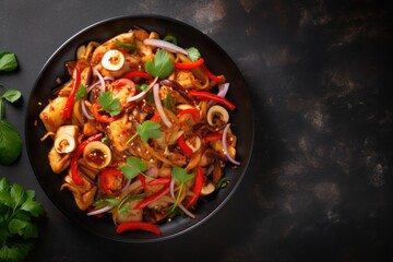 Delicious Thai food on black plate. Stir fry top view