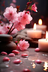 Obraz na płótnie Canvas sakura branch and candles, towels. spa concept